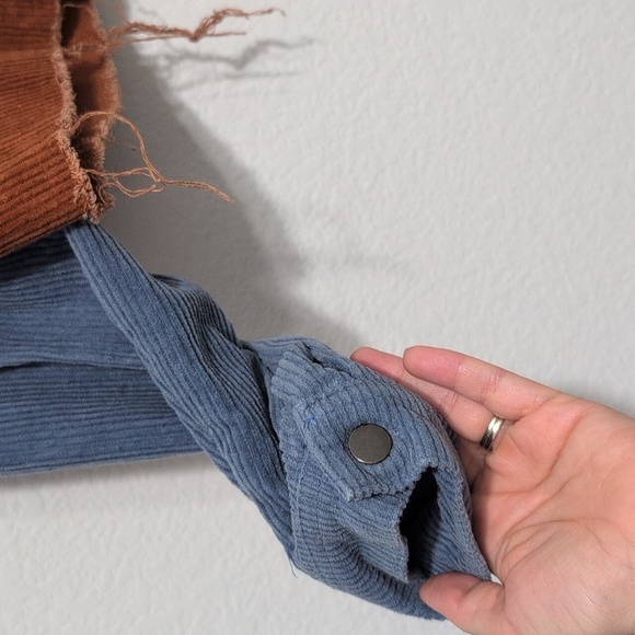 HYFVE Colorblock Corduroy Semi Cropped Jacket Raw Hem Blue Brown White size Med - Picture 7 of 9